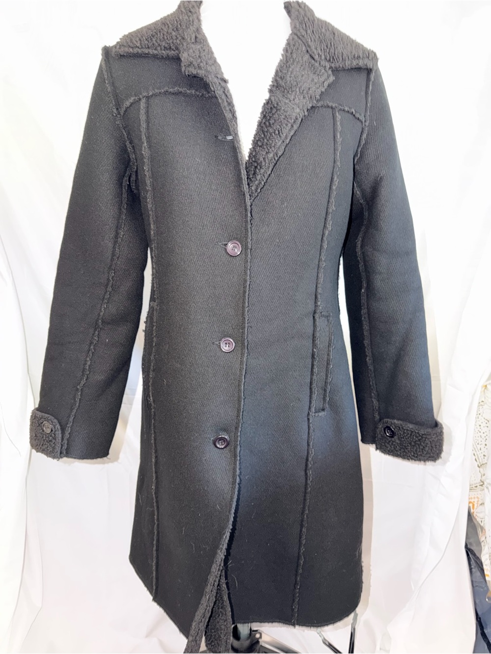 🛍️ Black Faux Shearling-Trim Long Coat